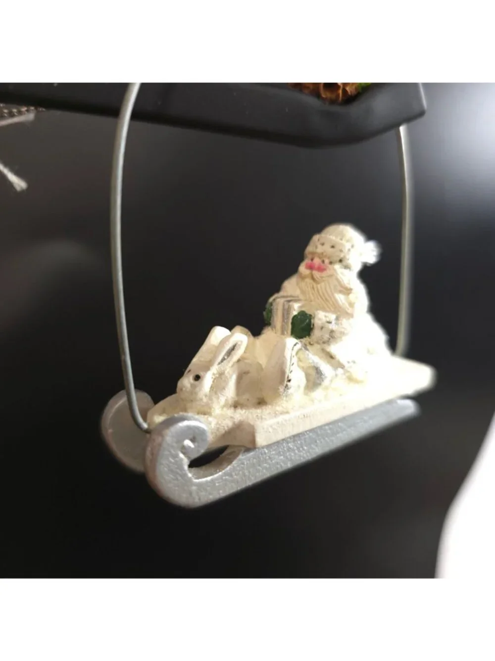 NWT Pam Schifferl Winter White Santa Pinecone Sled Rabbit Christmas Ornament